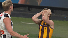 Dylan Moore reacts after his kick didn’t reach the goal. 