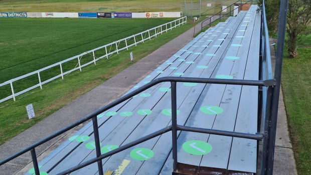 Southern Districts have set up green stickers at Forshaw Rugby Park to make sure supporters adhere to social distancing protocols. 