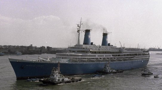 The Italian cruise ship Achille Lauro sails for home after the end of a week-long hijacking ordeal in 1985.
