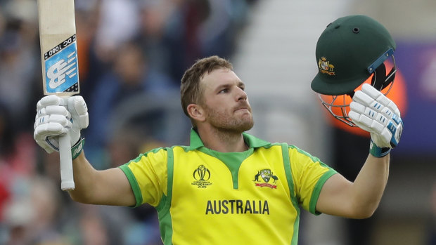 Aaron Finch enjoys the moment as he reached a century against Sri Lanka.