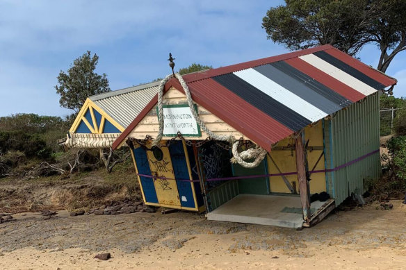 Damaged beach boxes at Mills Beach in Mornington on Tuesday.