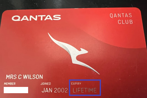 Catriona Wilson’s Qantas Club membership showing the lifetime expiry. Qantas took two years to say it was a mistake.