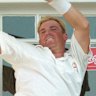 Warne celebrates on the Trent Bridge balcony after victory over England in the Fifth Test in 1997.
