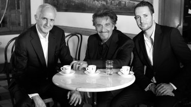 Les and Rolando Schirato with Al Pacino  on the set of a Vittoria commercial in 2010.