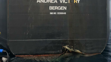 The damaged Norwegian-flagged oil tanker MT Andrea Victory off the coast of Fujairah, UAE, on Monday.