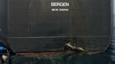 The damaged Norwegian-flagged oil tanker MT Andrea Victory off the coast of Fujairah, UAE, last month.