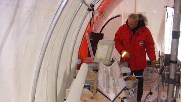 Inside the drill tent with the ice core.