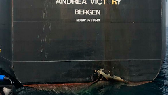The damaged Norwegian-flagged oil tanker MT Andrea Victory off the coast of Fujairah, UAE, on Monday.