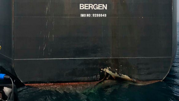The damaged Norwegian-flagged oil tanker MT Andrea Victory off the coast of Fujairah, UAE, last month.