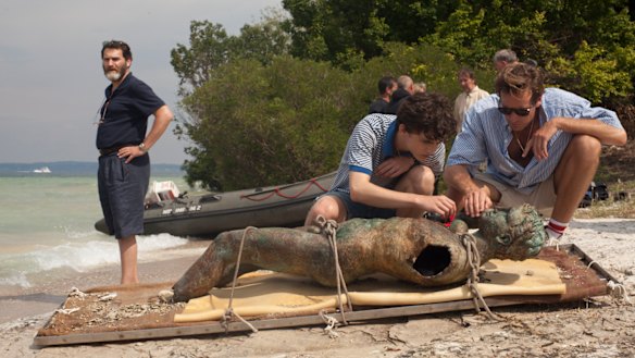 Michael Stuhlbarg, Timothée Chalamet and Armie Hammer in a scene from Call Me By Your Name. 