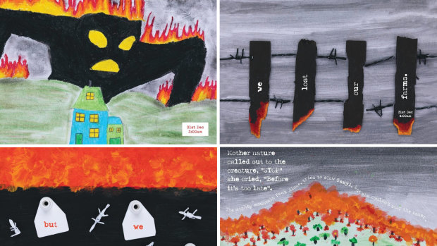 Illustration from a bushfire book illustrated by the kids in the year 5 and 6 classes at Cobargo Public School named "The Day She Stole the Sun". Image courtesy of Littlescribe.com