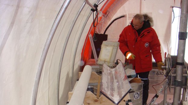Inside the drill tent with the ice core.