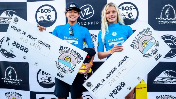 Same task, half the money ... the Billabong Junior Series Ballito Pro Junior winners, Rio Waida  of Indonesia and Zoe Steyn of South Africa.