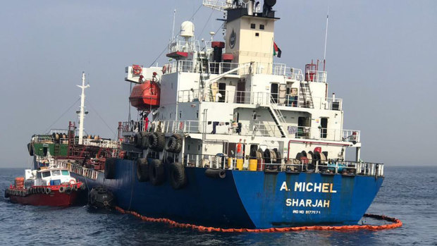 This photo provided by the United Arab Emirates' National Media Council shows the Emirati-flagged bunkering tanker A. Michel off the coast of Fujairah, United Arab Emirates.