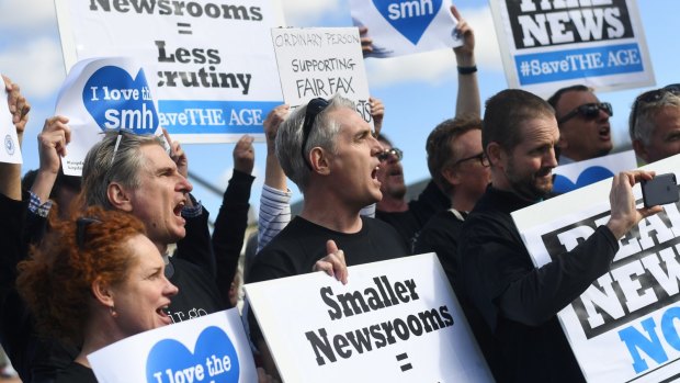 Striking Fairfax journalists outside Parliament House in Canberra in 2017