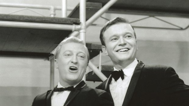 Graham Kennedy and Bert Newton on the set of In Melbourne Tonight, October 1964.