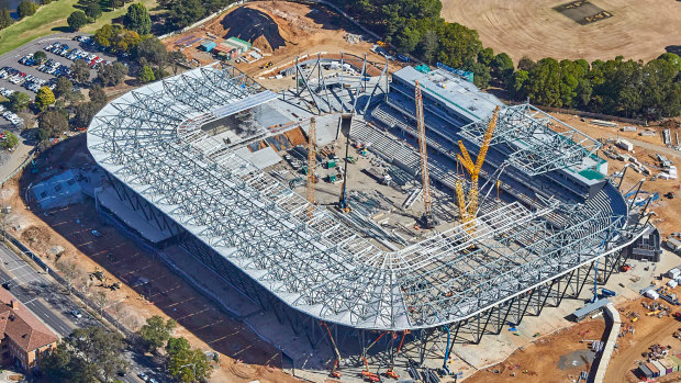 Empty arena: Western Sydney Stadium under construction, but its two intended home teams haven't even agreed to play there yet.