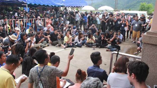 The media pack at the press centre, once they were moved on from the earlier "base camp". 