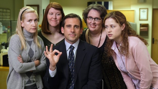 The US version of The Office, starring (from left) Angela Kinsey as Angela, Kate Flannery as Meredith, Steve Carell as Michael Scott, Phyllis Smith as Phyllis and Jenna Fischer as Pam Beesley, is still a classic.