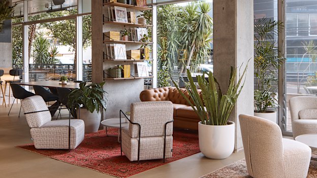 The open-plan lobby has stacks of National Geographic magazines to peruse.