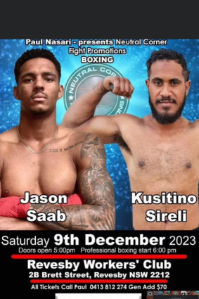 The poster for the boxing debut of Sea Eagles winger Jason Saab.