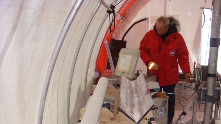 Inside the drill tent with the ice core.