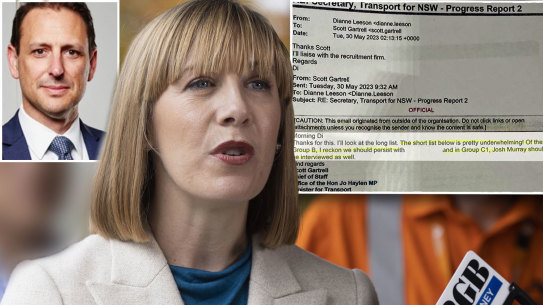 NSW Transport Minister Jo Haylen; inset Josh Murray; and the email from the minister’s office.
