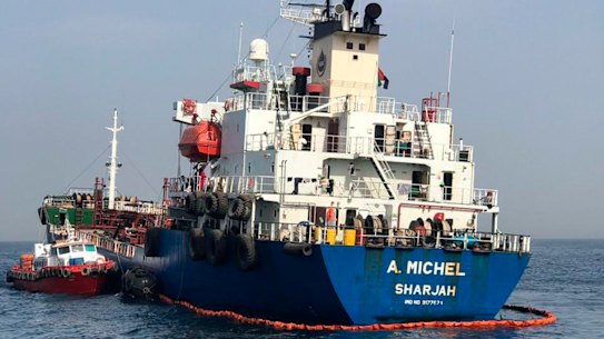 This photo provided by the United Arab Emirates' National Media Council shows the Emirati-flagged bunkering tanker A. Michel off the coast of Fujairah, United Arab Emirates.