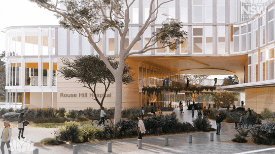A rolling GIF of artist’s impressions for the new Rouse Hill hospital, which is due to open around 2029.
