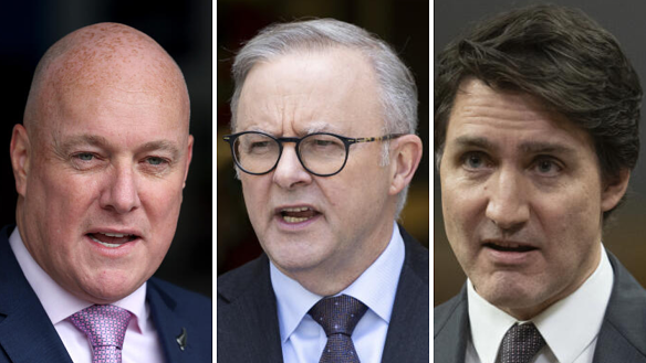 “There is simply nowhere else for civilians to go,” New Zealand Prime Minister Christopher Luxon (left), Anthony Albanese and Canadian Prime Minister Justin Trudeau say.
