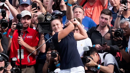 Ash Barty takes part in a promotional event before the 2019 Presidents Cup.