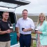 Brisbane City Council will increase the number of parks where coffee carts can operate if the LNP wins the March, 2024 Brisbane City Council election. Pictured are Kombi Pod operator Steve Prater, Lord Mayor Adrian Schrinner and the LNP’s Wynnum Manly candidate, Alex Givney.