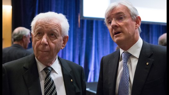 Frank Lowy and son Steven Lowy. Football and business people.