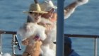 Lauren Sanchez and Jeff Bezos enjoying the foam party on the Koru, their $US500 million megayacht.