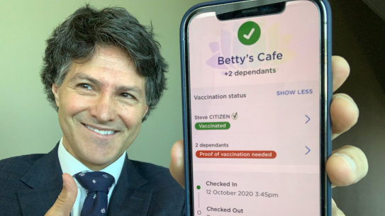 NSW customer service minister Victor Dominello showing off the proposed proof of vaccination feature in the Service NSW app.
