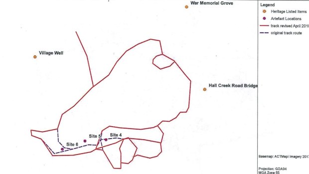 A map showing the route of the rejected Hall bike track, after it was revised to avoid three sites where Aboriginal artefacts were found.