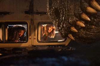 The dinosaurs, as ever, are the stars in this latest entry in the Jurassic franchise. A Giganotosaurus terrorises Kayla Watts (DeWanda Wise) and Dr Ellie Sattler (Laura Dern) in Jurassic World Dominion.
