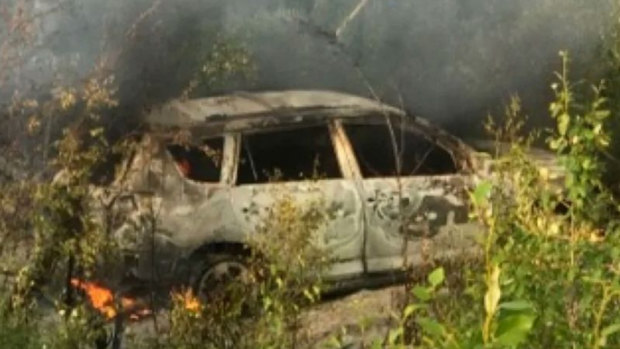 The burnt-out Toyota that fugitives Kam McLeod and Bryer Schmegelsky were travelling in.