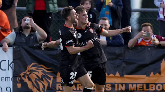Thomas Waddingham of the Roar celebrates a goal during the Australia Cup 2023 Semi Final match between Melbourne Knights and Brisbane Roar at Knights Stadium, on September 24, 2023 in Melbourne, Australia. 