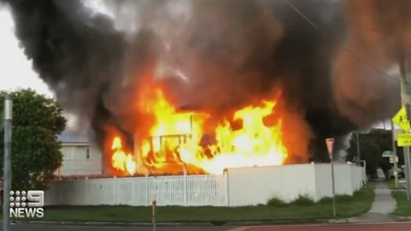 The fire at Wooloowin on Brisbane’s northside on Sunday morning.