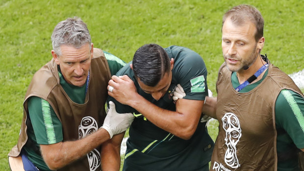 Sidelined: Andrew Nabbout leaves the field with a shoulder injury.