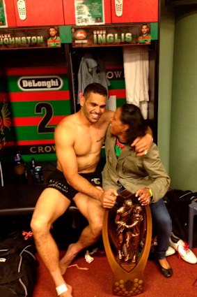 Greg Inglis and Cathy Freeman in the sheds after South Sydney’s 2014 premiership win.