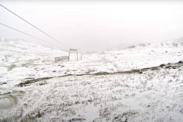 The Thredbo weather cam shows fresh snowfall on Friday morning.