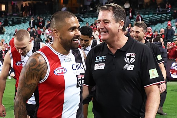 Saints coach Ross Lyon with Brad Hill.