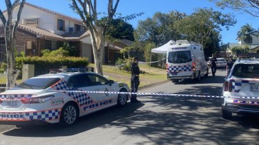 The crime scene in Stretton, in Brisbane’s south, where two people were found dead and a man was taken into custody on Monday, August 8, 2022.