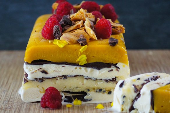 Mango and passionfruit Viennetta-inspired ice-cream cake.