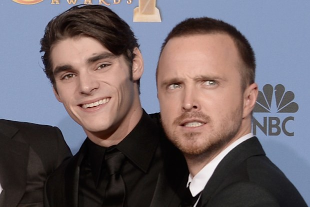 Actors Bryan Cranston, Anna Gunn and Betsy Brandt, writer-producer Vince Gilligan, actors R.J. Mitte and Aaron Paul, winners of Best Series  Drama for ‘Breaking Bad,’ pose in the press room during the 71st Annual Golden Globe Awards held at The Beverly Hilton Hotel on January 12, 2014 in Beverly Hills, California.