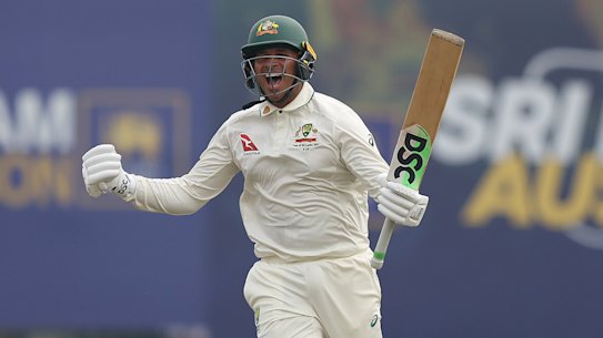 Usman Khawaja celebrates his century in Galle. 