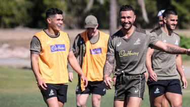 Noah Lolesio and Quade Cooper at Wallabies training. 