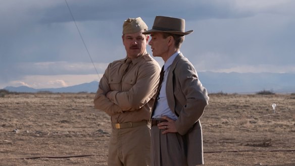 Matt Damon as General Leslie Groves, left, and Cillian Murphy as J. Robert Oppenheimer in Oppenheimer.
